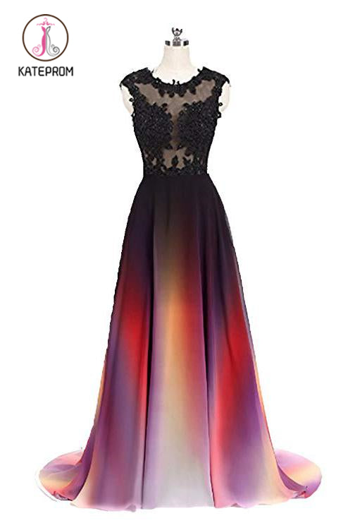 Kateprom Gradient Sleeveless Ombre Prom Dress, A Line Gradient Lace Appliques Party Dress KPP0876
