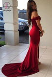 Kateprom Red Off the Shoulder Split Mermaid Prom Dress, Long Formal Dresses with Slit KPP0880