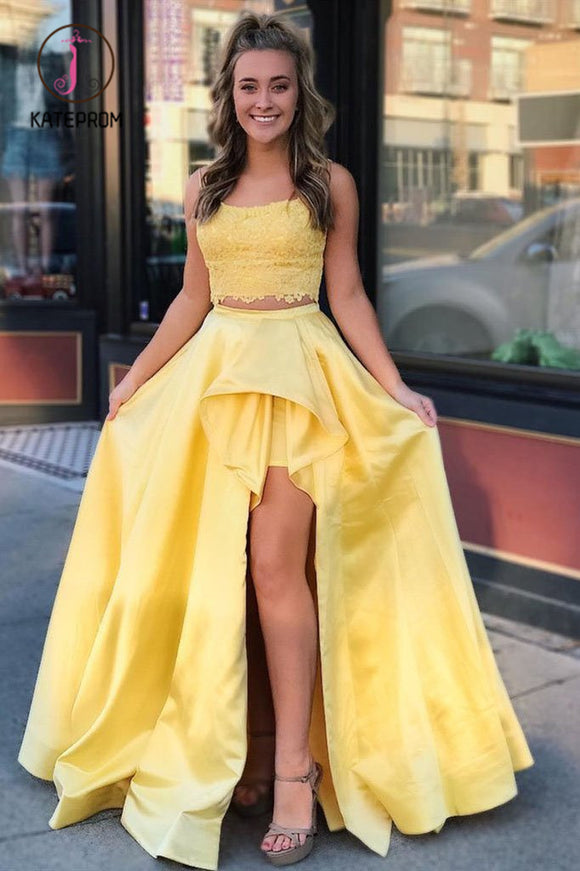 Kateprom Two Pieces High Low Lace Yellow Prom Dresses, Two Piece Long Formal Dresses KPP0883