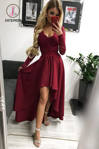 Kateprom High Low Long Sleeves V Neck Prom Dress, Burgundy A Line Graduation Dress with Lace KPP0884