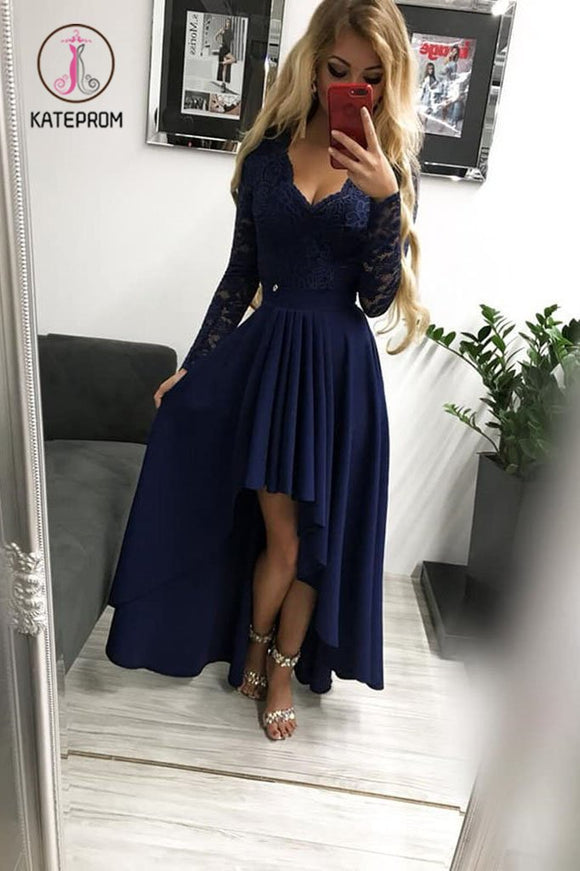 Kateprom High Low Long Sleeves V Neck Prom Dress, Dark Blue A Line Graduation Dress with Lace KPP0885