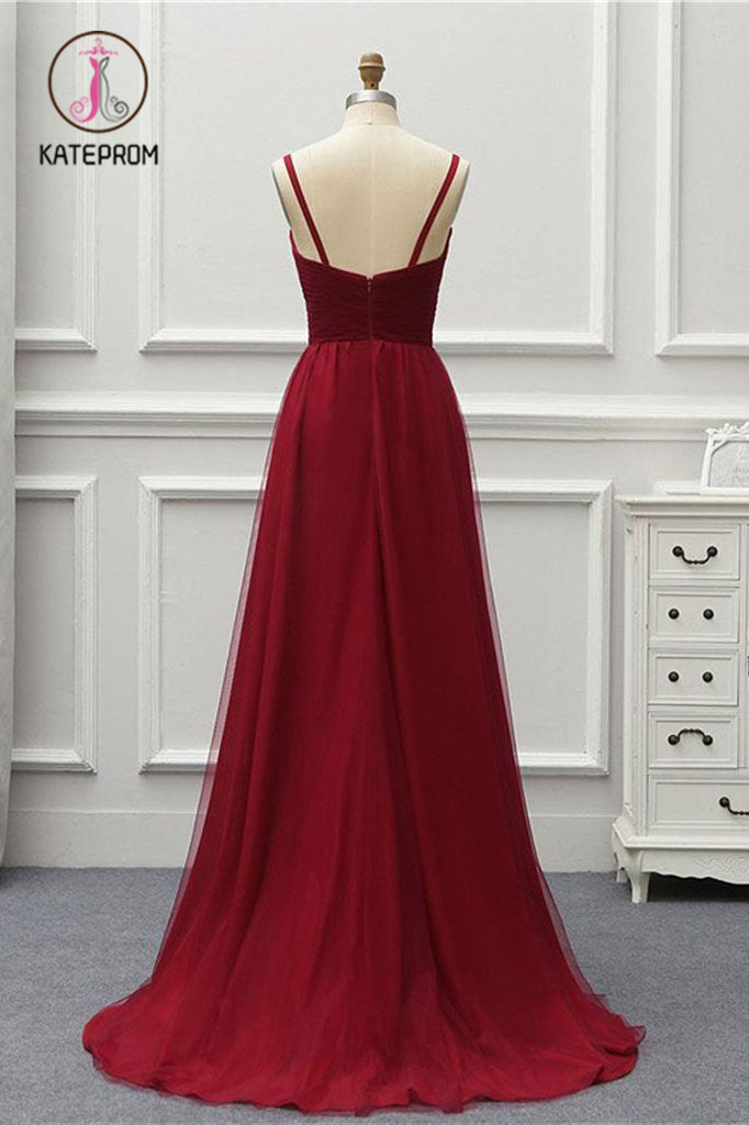 Kateprom A Line High Low Tulle Prom Dress with Train, Burgundy V Neck   kateprom