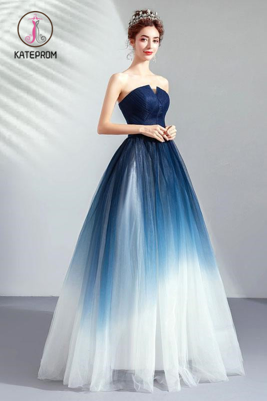 Ombre Strapless A Line Long Prom Dress, Blue Ombre Graduation Dress with Lace Up Back KPP0893