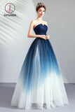 Ombre Strapless A Line Long Prom Dress, Blue Ombre Graduation Dress with Lace Up Back KPP0893