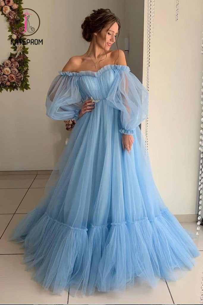 Kateprom A Line Long Sleeve Off the Shoulder Long Prom Dress, Blue Tul –  kateprom