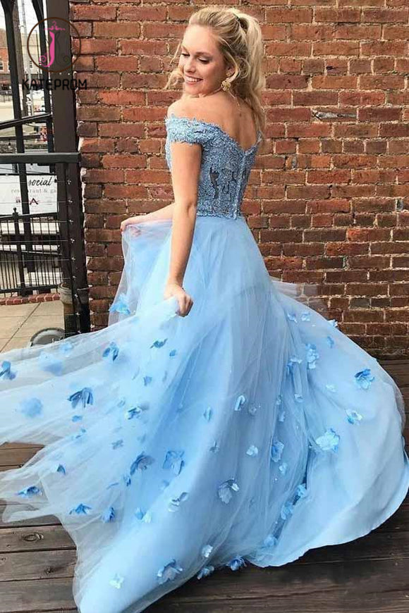 Kateprom Two Piece Off the Shoulder Tulle Prom Dress with Lace, A Line 2 Piece Long Formal Dress KPP0898