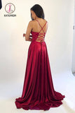 Kateprom Burgundy Spaghetti Strap Sleeveless Split Prom Dress, Simple Long Evening Dresses KPP0900