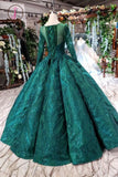 Kateprom Dark Green Long Sleeves Ball Gown Prom Dress with Beads, Quinceanera Dress KPP0906