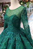Kateprom Dark Green Long Sleeves Ball Gown Prom Dress with Beads, Quinceanera Dress KPP0906