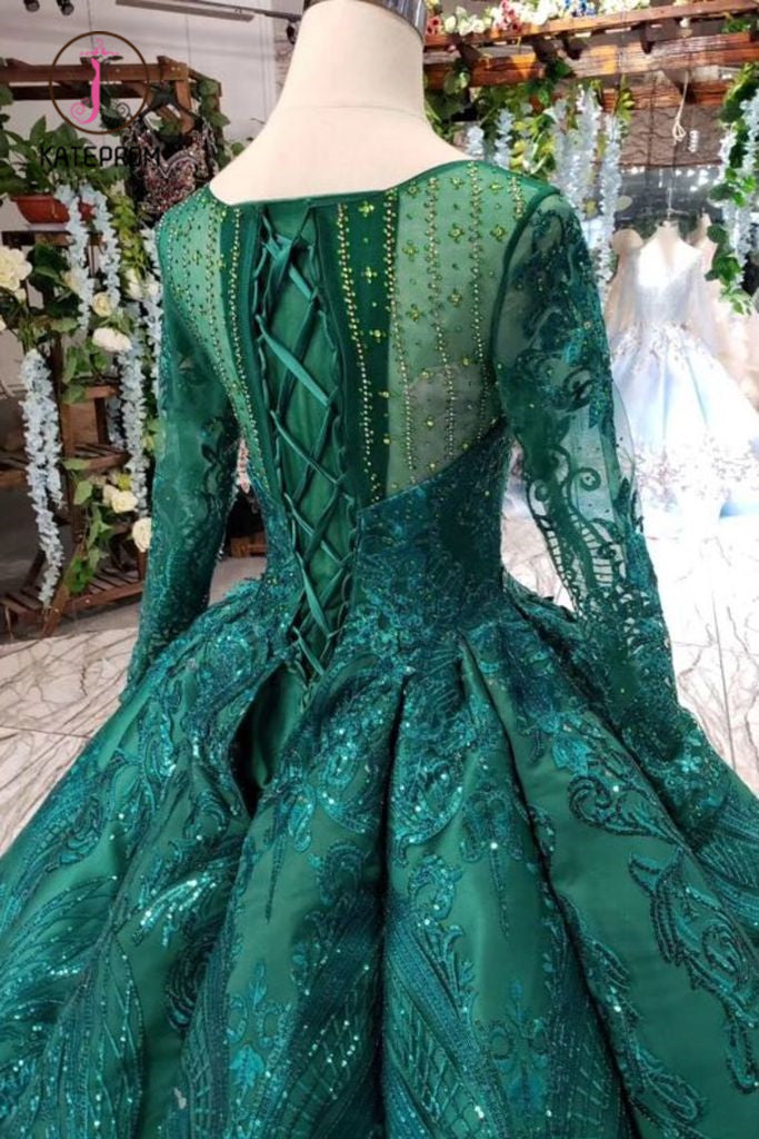 Kateprom Dark Green Long Sleeves Ball Gown Prom Dress with Beads, Quin –  kateprom