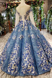 Kateprom Ball Gown Prom Dresses Sheer Neck Long Sleeves Lace Up Back Sequins Appliques KPP0908