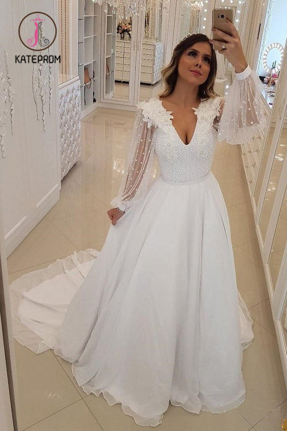 Kateprom A Line Long Sleeves V Neck Long Prom Dresses, White Beach Wedding Dress with Beading KPP0912