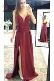 Kateprom Burgundy Sleeveless Prom Dresses, Spaghetti Strap Split Satin Party Dresses KPP0913