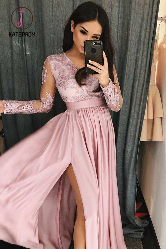 Kateprom Simple V Neck Long Prom Dress with Long Sleeves, Pink Split Evening Dress with Lace KPP0916