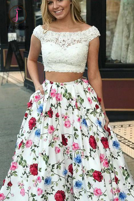 Kateprom Two Piece Cap Sleeves Floral Dresses with Lace, New Style Backless Prom Dresses KPP0917