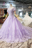 Kateprom Lilac Ball Gown Short Sleeves Prom Dresses with Sheer Neck, Gorgeous Quinceanera Dress KPP0918