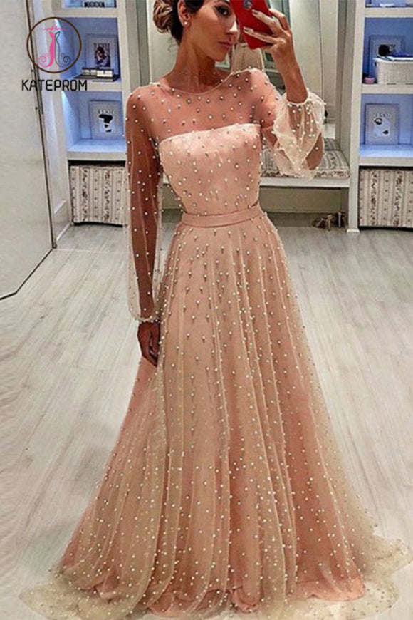 Kateprom A-Line Jewel Long Sleeves Pearl Pink Long Prom Dress with Pearls, Unique Formal Dress KPP0927