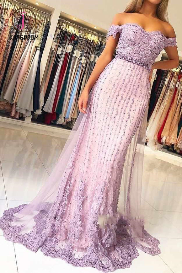 Kateprom Lilac Off the Shoulder Mermaid Prom Dress with Appliques, Charming Beaded Evening Dress KPP0930