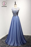 Kateprom New Arrival A Line Cheap Sheer Neck Prom Dress with Rhinestones, Long Tulle Party Dress KPP0933
