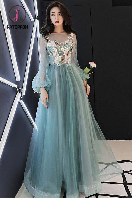 Kateprom Charming Long Sleeves Tulle Prom Dress with Flowers, A Line Floor Length Party Dress KPP0937