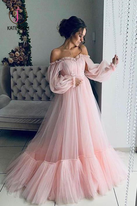 Kateprom Light Pink Long Sleeves Prom Dresses, Boho Off the Shoulder Beach Wedding Dresses KPP0943