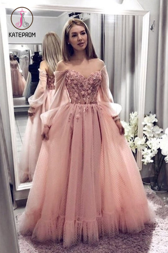 Kateprom Blush Pink Prom Dresses With Long Sleeves, A Line Elegant Evening Dress with Applique KPP0944