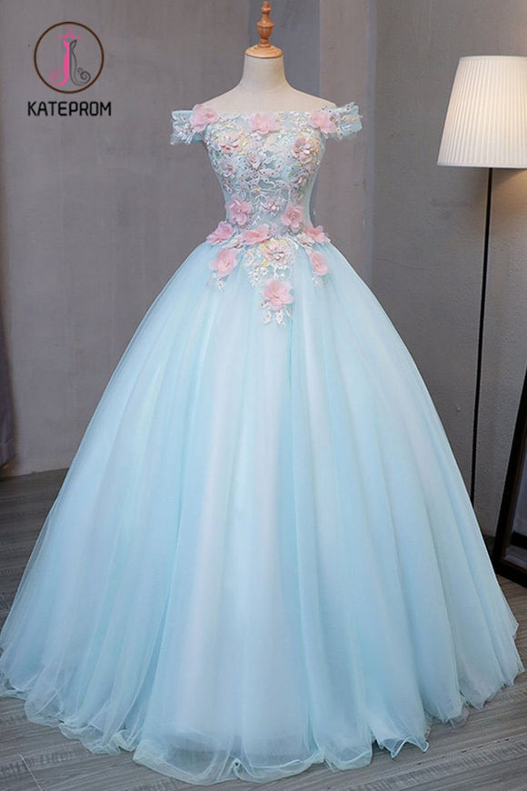 Kateprom Sky Blue Tulle Princess Off Shoulder Long Prom Dress, Quinceanera Dressses with Flowers KPP0946