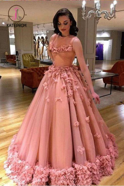 Kateprom Luxury Tulle Sleeveless Ball Gown Prom Dress with Flowers, Princess Wedding Dresses KPP0947