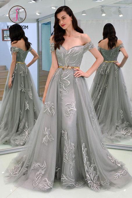 Kateprom A-Line Appliques Off-the-Shoulder Gray Evening Dress With Sashes, Long Tulle Prom Dress KPP0948
