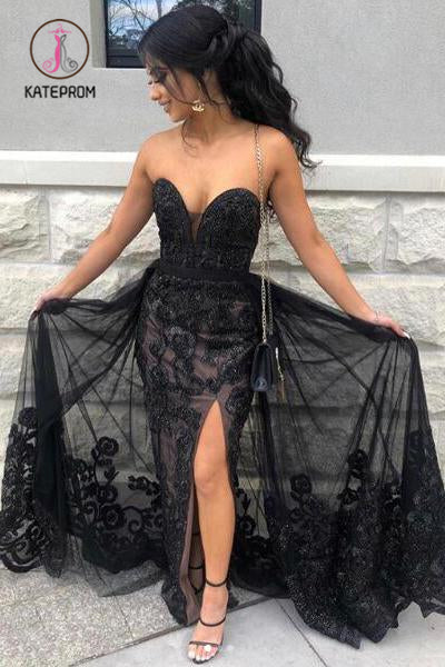 Kateprom Black Sweetheart Tulle Prom Dress with Lace Appliques, Long Strapless Split Formal Dress KPP0952