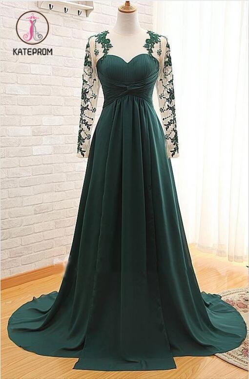 Kateprom Dark Green Long Sleeves Long Evening Dress with Appliques, Long Prom Dress with Sleeves KPP0954