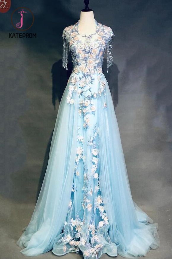 Kateprom Unique Light Blue Cap Sleeves Prom Dress with Beading, Gorgeous Applique Formal Dress KPP0956