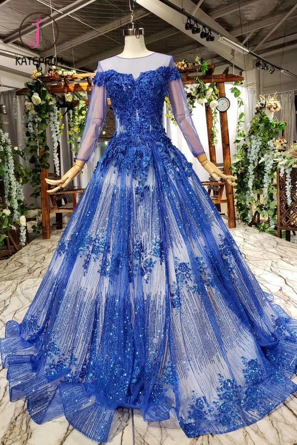 Kateprom Gorgeous Long Sleeve Sheer Neck Tulle Blue Applique Ball Gown Prom Dresses with Beads KPP0957