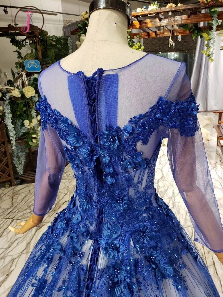open lace back dress A-Line Sheer Long Sleeve Illusion Lace Chapel Black Chiffon Prom Dress, Beaded Split main image 1