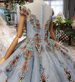 Kateprom Ball Gown Blue Cap Sleeve Long Prom Dresses, Lace up Beading Quinceanera Dresses KPP0958