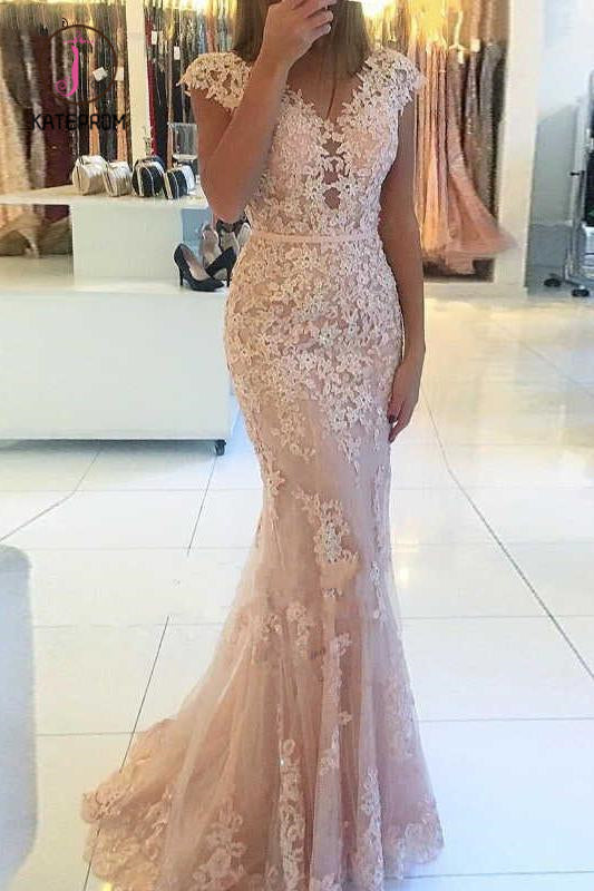Kateprom Mermaid Cap Sleeves Tulle Prom Dress with Lace Appliques, Long V Neck Evening Dress KPP0960