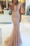 Kateprom Mermaid Cap Sleeves Tulle Prom Dress with Lace Appliques, Long V Neck Evening Dress KPP0960
