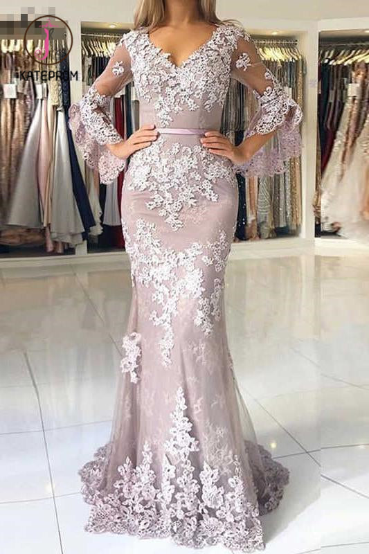 Kateprom Charming V Neck Long Prom Dress, Mermaid Lace Appliqued Evening Dress with Sleeves KPP0961