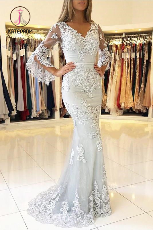 Kateprom White V Neck Long Prom Dress, Mermaid Lace Appliqued Evening Dress with Sleeves KPP0962