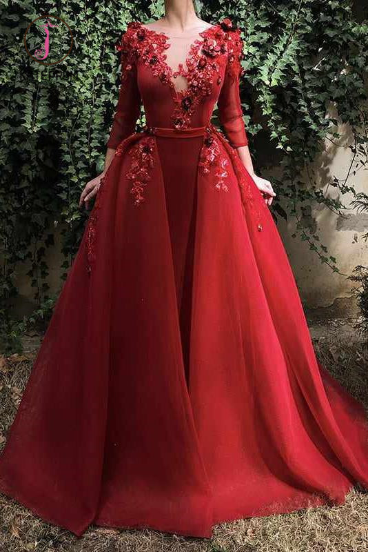Kateprom Red Long Prom Dress with 3/4 Sleeves, Puffy Organza Formal Dresses with Flowers KPP0963
