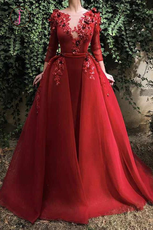 Kateprom Red Long Prom Dress with 3/4 Sleeves, Puffy Organza Formal Dr kateprom Kateprom Red Long Prom Dress with 3/4 Sleeves, Puffy Organza Formal Dr kateprom