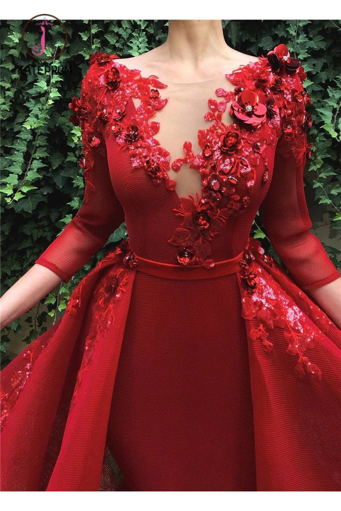 Kateprom Red Long Prom Dress with 3/4 Sleeves, Puffy Organza Formal Dr kateprom Kateprom Red Long Prom Dress with 3/4 Sleeves, Puffy Organza Formal Dr kateprom
