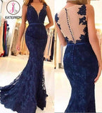 Kateprom Navy Blue Sleeveless Lace Formal Dresses, Mermaid Sheer Back Lace Prom Gown KPP0964