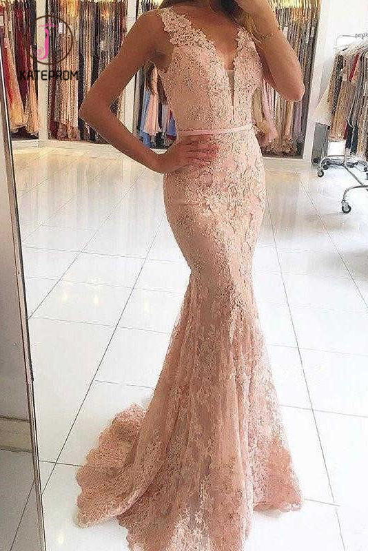 Kateprom Pink Sleeveless Lace Formal Dresses, Mermaid Sheer Back Lace Prom Gown KPP0965