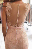 Kateprom Pink Sleeveless Lace Formal Dresses, Mermaid Sheer Back Lace Prom Gown KPP0965