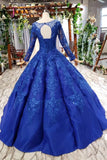 Kateprom Royal Blue Long Sleeves Ball Gown Prom Dresses, Puffy Quinceanera Dress with Appliques KPP0966