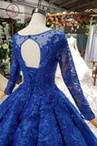 Kateprom Royal Blue Long Sleeves Ball Gown Prom Dresses, Puffy Quinceanera Dress with Appliques KPP0966