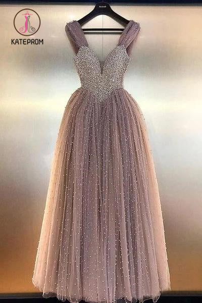 Kateprom Charming Beaded V-neck Prom Dresses A Line Floor Length Tulle Evening Gowns KPP0974