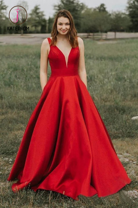 Kateprom Simple A-line V-neck Satin Long Cheap Red Puffy Prom Dresses with Pocket KPP0975