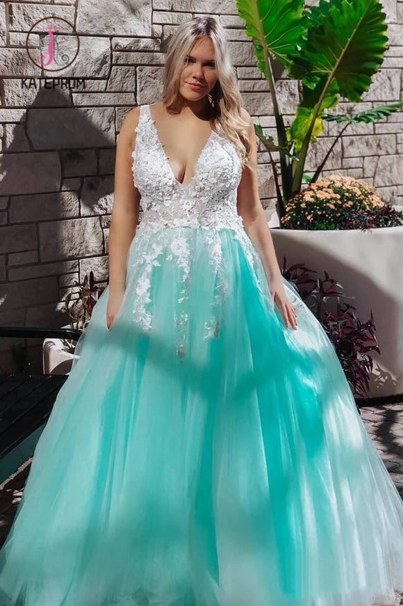 Kateprom Stunning Lace Applique Long Prom Dresses Quinceanera Dress with Flowers KPP0976